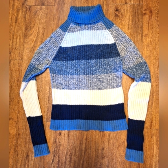 New- PRIME ELEMENTS Shades of Blue(& White) Ribbed Turtleneck Sweater- Sz. Large - Picture 1 of 4